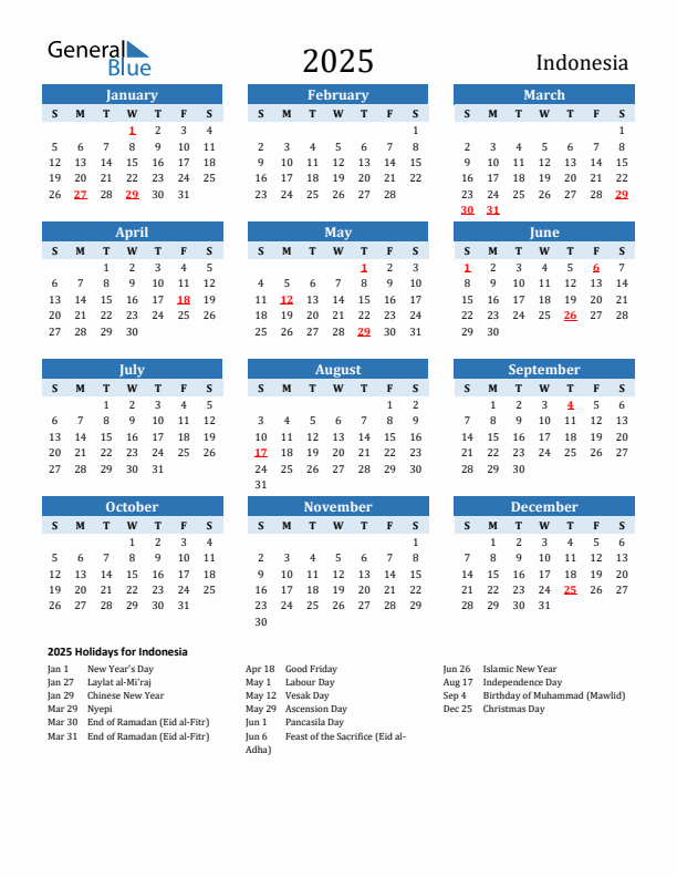 Printable Calendar 2025 with Indonesia Holidays (Sunday Start)