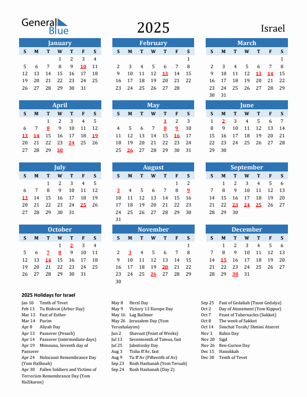 Printable Calendar 2025 with Israel Holidays (Sunday Start)