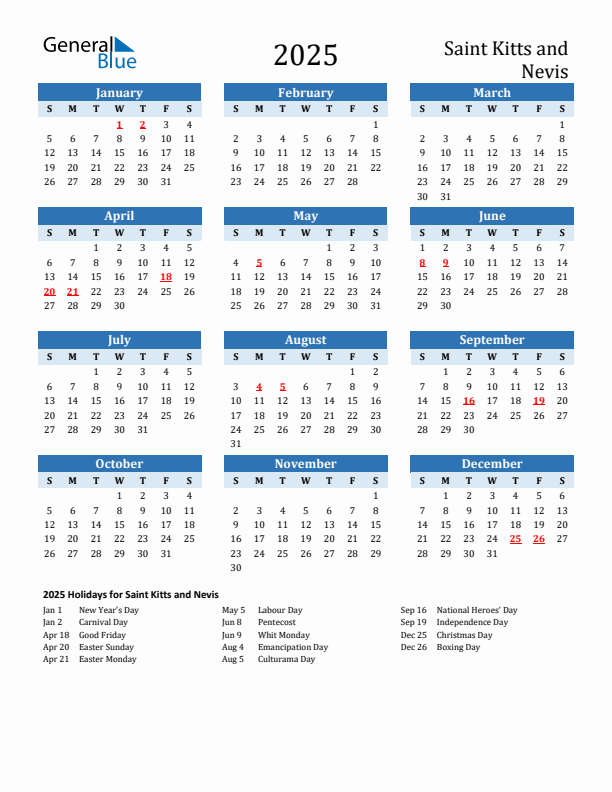 Printable Calendar 2025 with Saint Kitts and Nevis Holidays (Sunday Start)