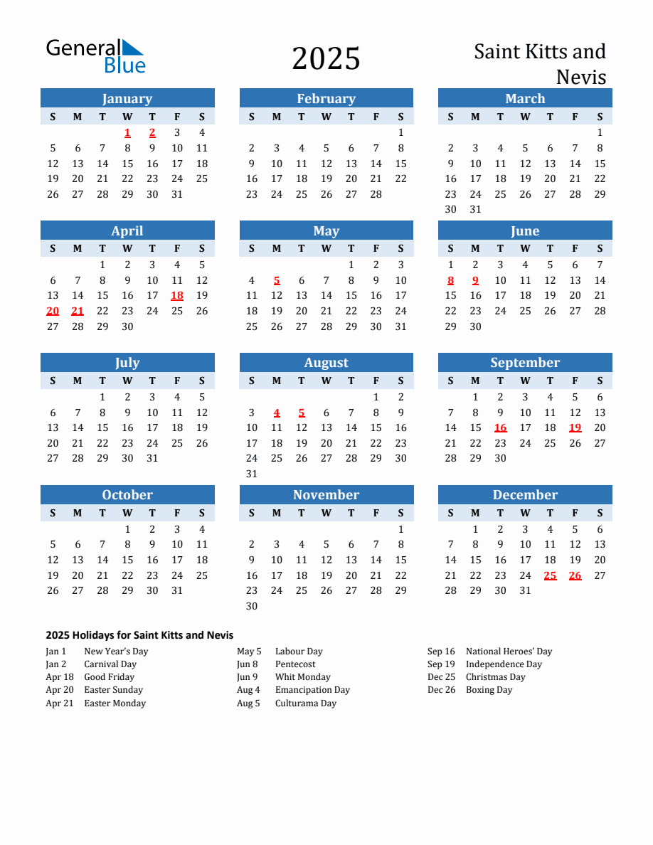 2025 Printable Calendar With Saint Kitts And Nevis Holidays 2025-printable-calendar-with-saint-kitts-and-nevis-holidays