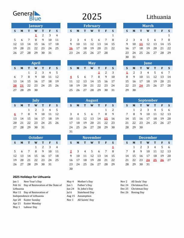 Printable Calendar 2025 with Lithuania Holidays (Sunday Start)