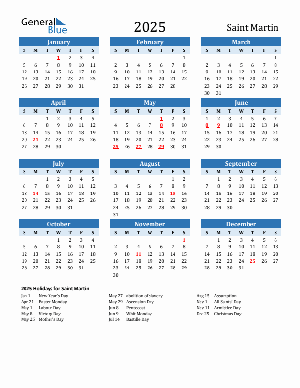 Printable Calendar 2025 with Saint Martin Holidays (Sunday Start)