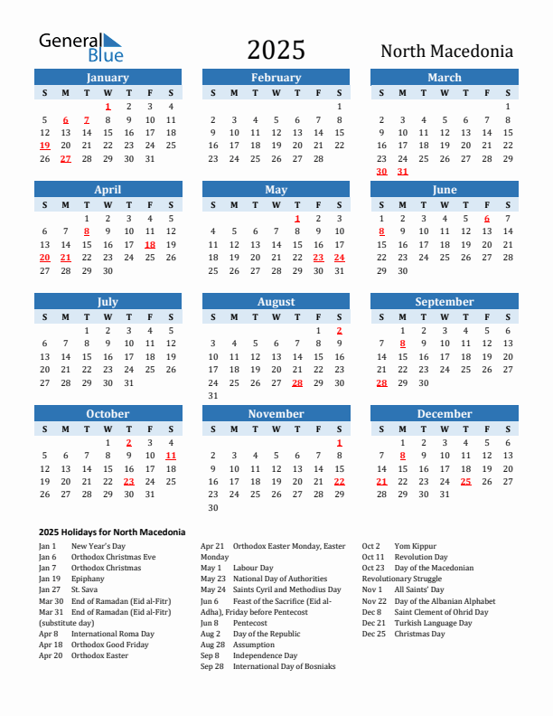 Printable Calendar 2025 with North Macedonia Holidays (Sunday Start)