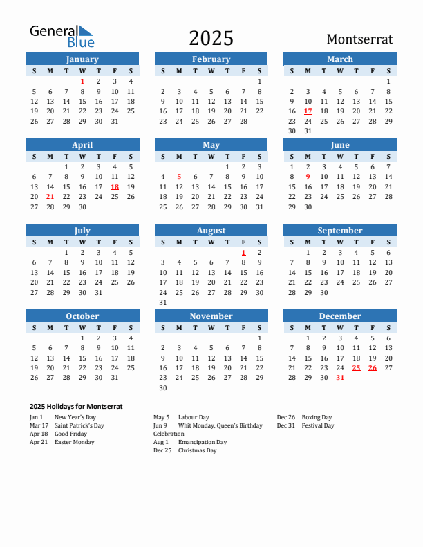 Printable Calendar 2025 with Montserrat Holidays (Sunday Start)