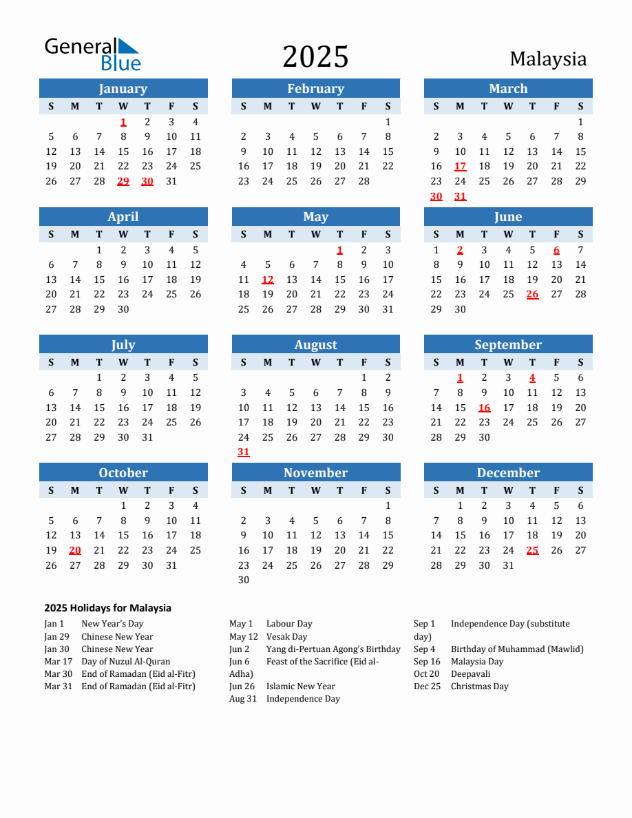 2025 Printable Calendar with Malaysia Holidays