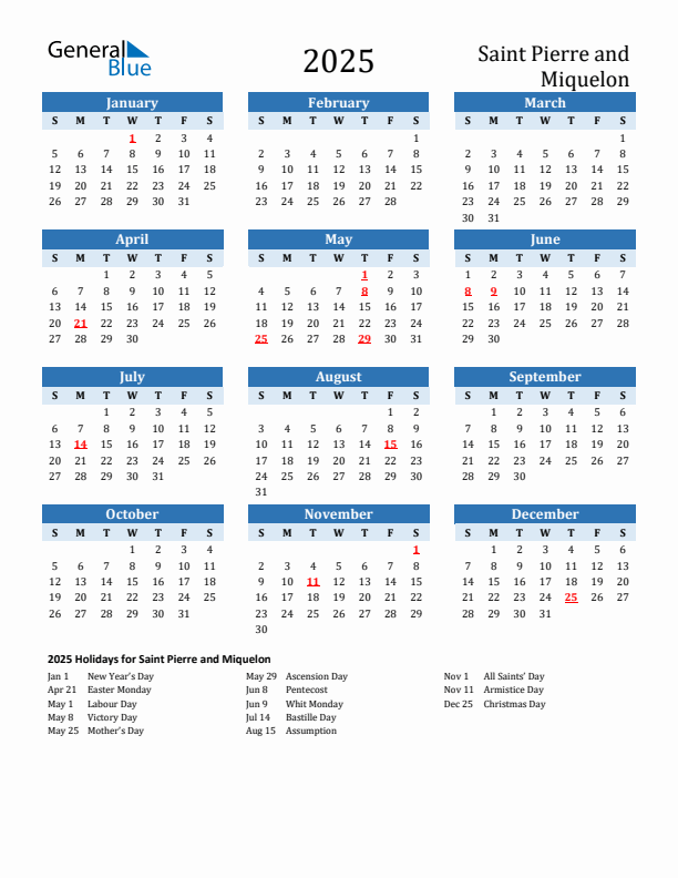 Printable Calendar 2025 with Saint Pierre and Miquelon Holidays (Sunday Start)