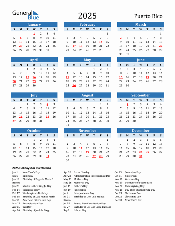 Printable Calendar 2025 with Puerto Rico Holidays (Sunday Start)