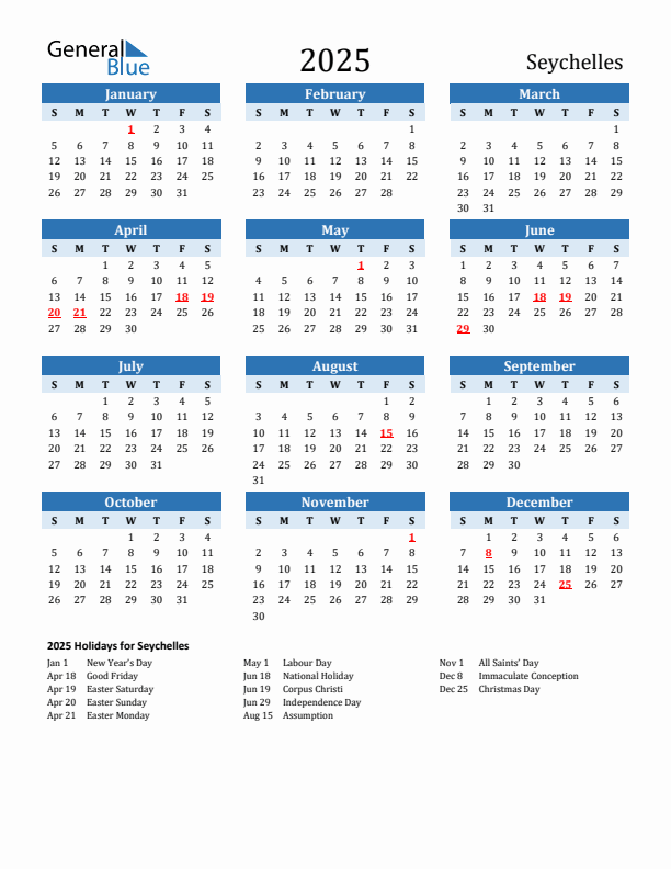 Printable Calendar 2025 with Seychelles Holidays (Sunday Start)
