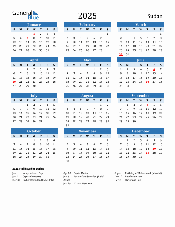 Printable Calendar 2025 with Sudan Holidays (Sunday Start)