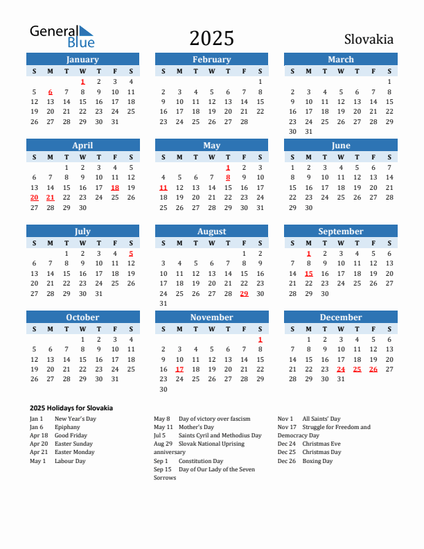Printable Calendar 2025 with Slovakia Holidays (Sunday Start)