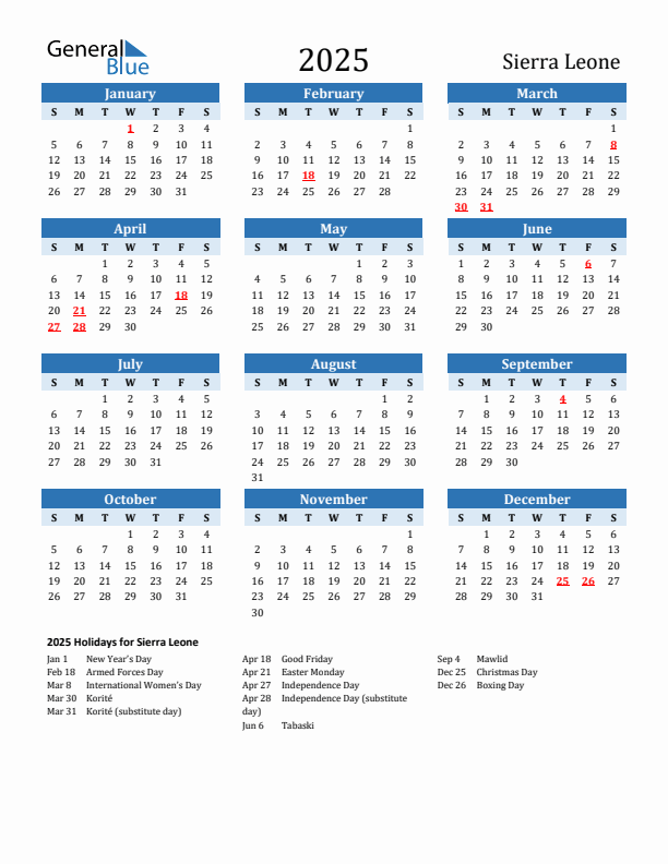 Printable Calendar 2025 with Sierra Leone Holidays (Sunday Start)