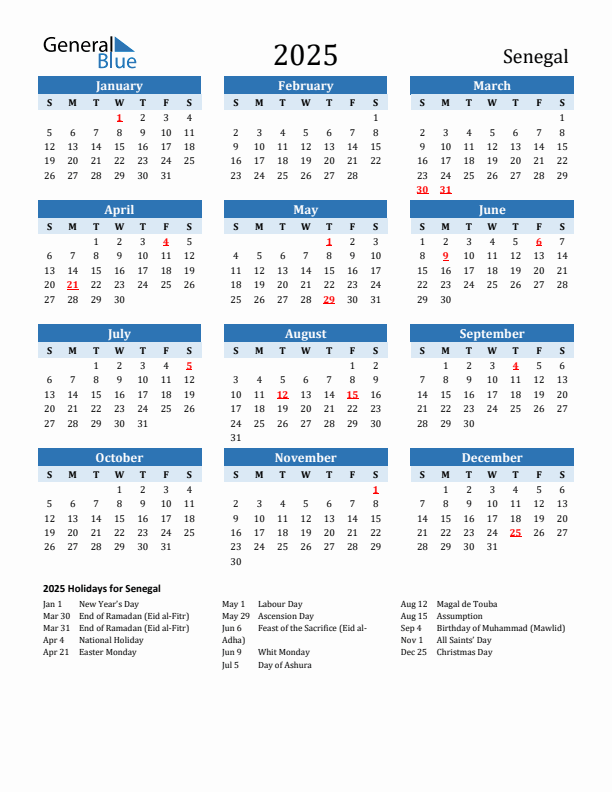 Printable Calendar 2025 with Senegal Holidays (Sunday Start)
