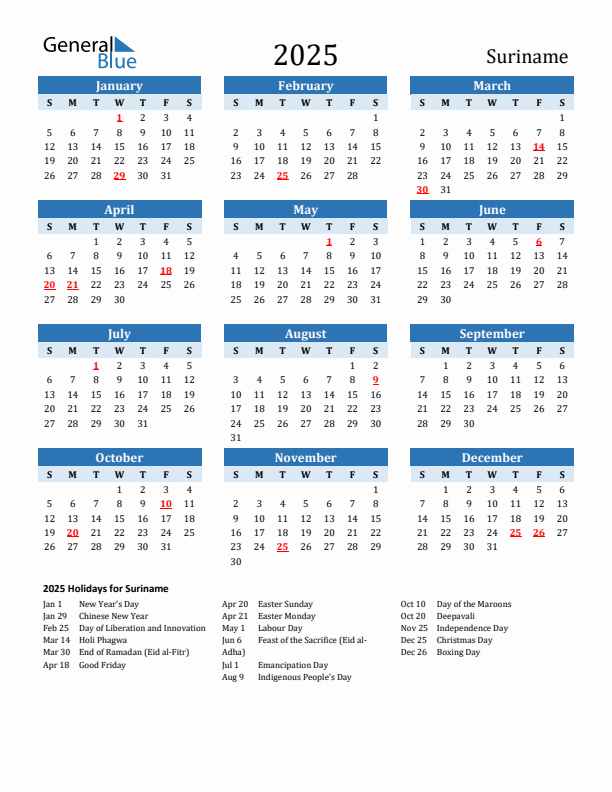 Printable Calendar 2025 with Suriname Holidays (Sunday Start)
