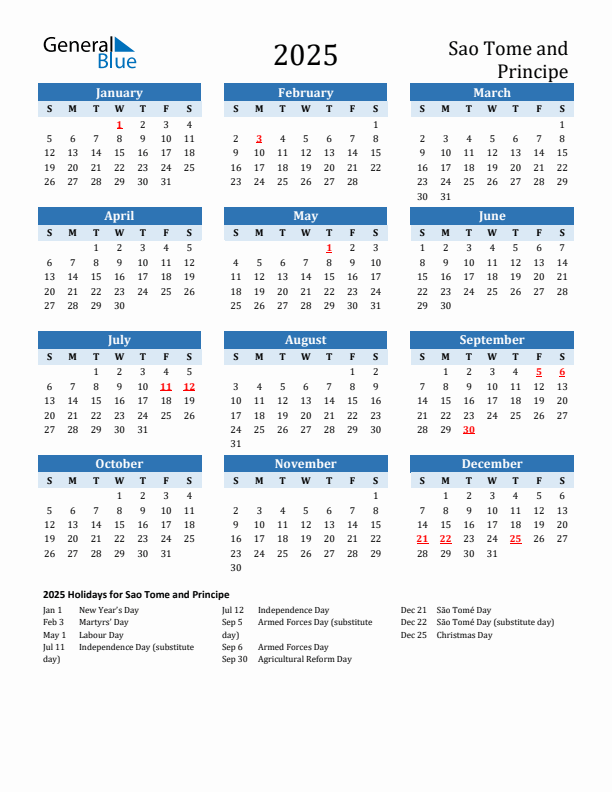Printable Calendar 2025 with Sao Tome and Principe Holidays (Sunday Start)