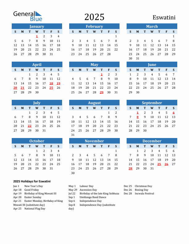 Printable Calendar 2025 with Eswatini Holidays (Sunday Start)