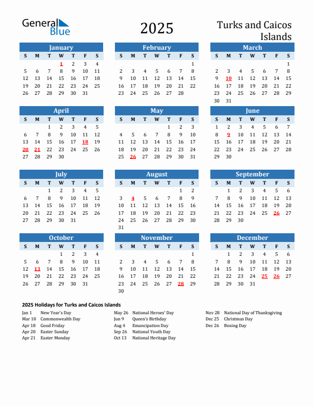 Printable Calendar 2025 with Turks and Caicos Islands Holidays (Sunday Start)