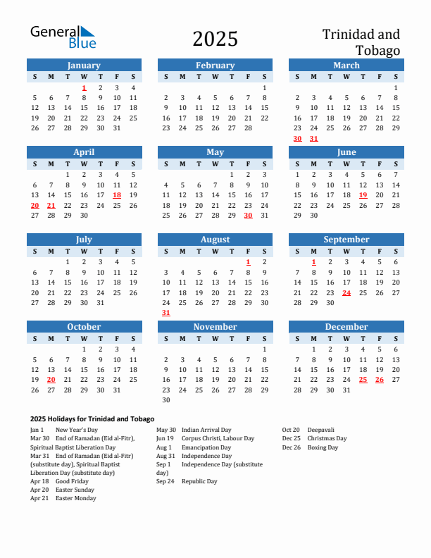 Printable Calendar 2025 with Trinidad and Tobago Holidays (Sunday Start)