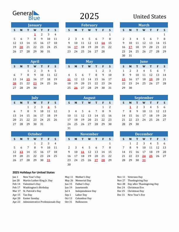 2025 Printable Calendar with United States Holidays