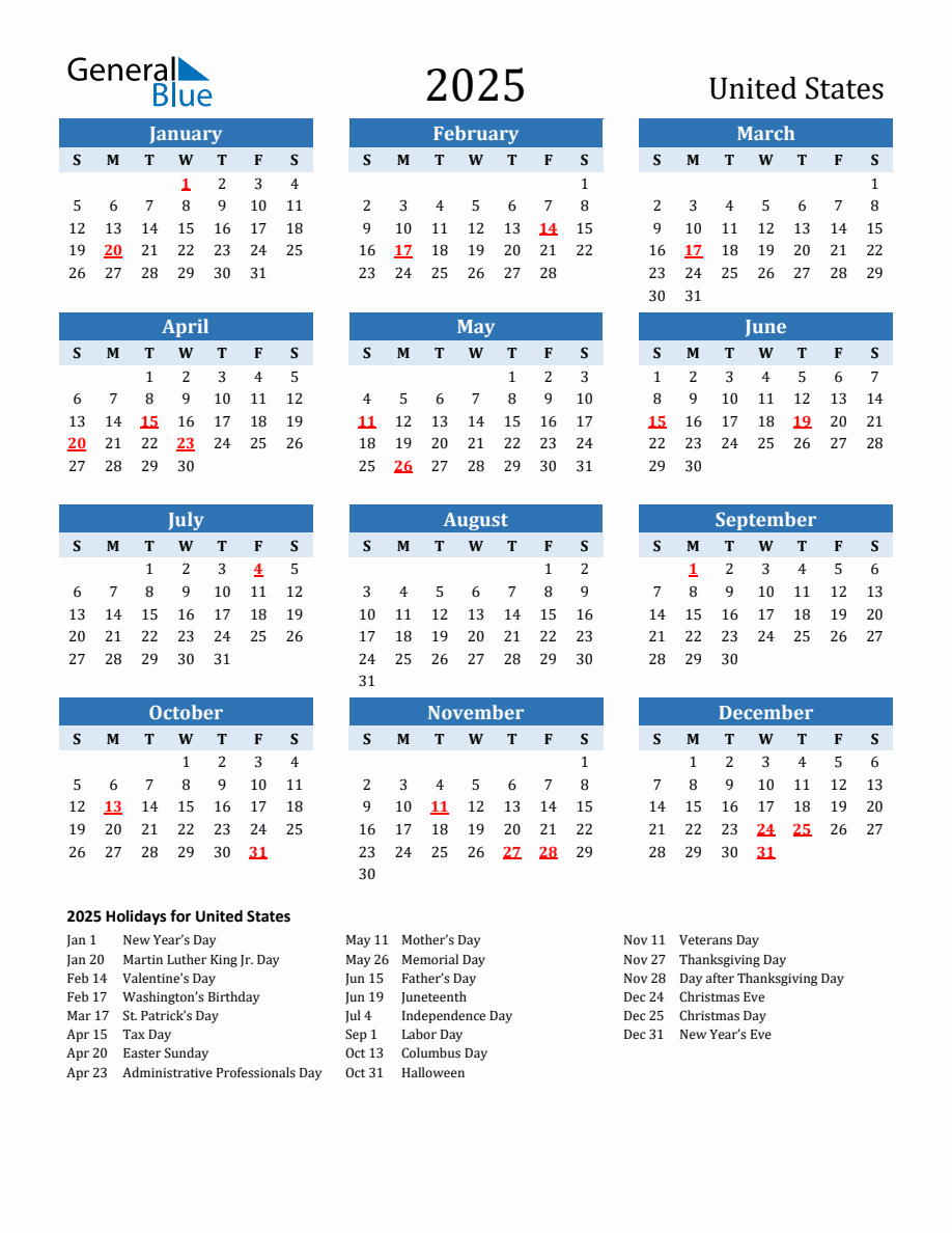 2025 Printable Calendar with United States Holidays 2025-printable-calendar-with-united-states-holidays
