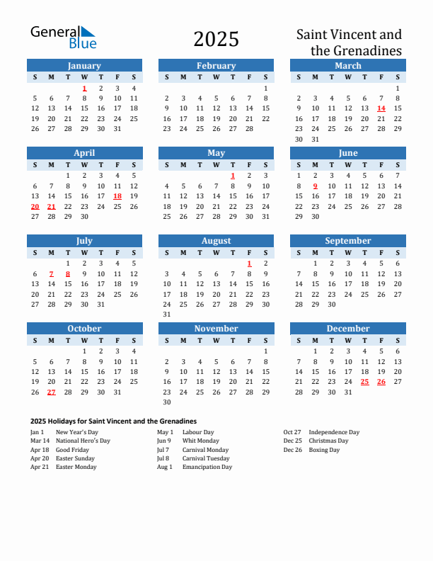 Printable Calendar 2025 with Saint Vincent and the Grenadines Holidays (Sunday Start)