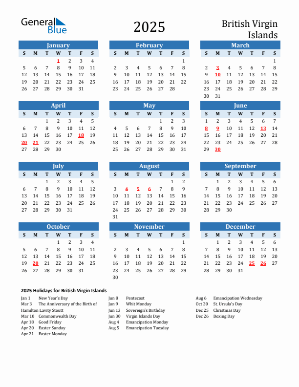Printable Calendar 2025 with British Virgin Islands Holidays (Sunday Start)