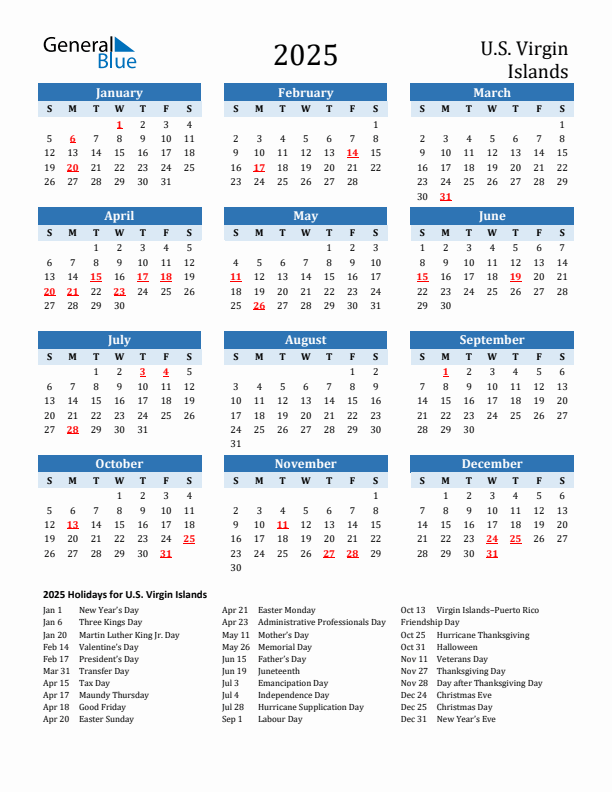 Printable Calendar 2025 with U.S. Virgin Islands Holidays (Sunday Start)