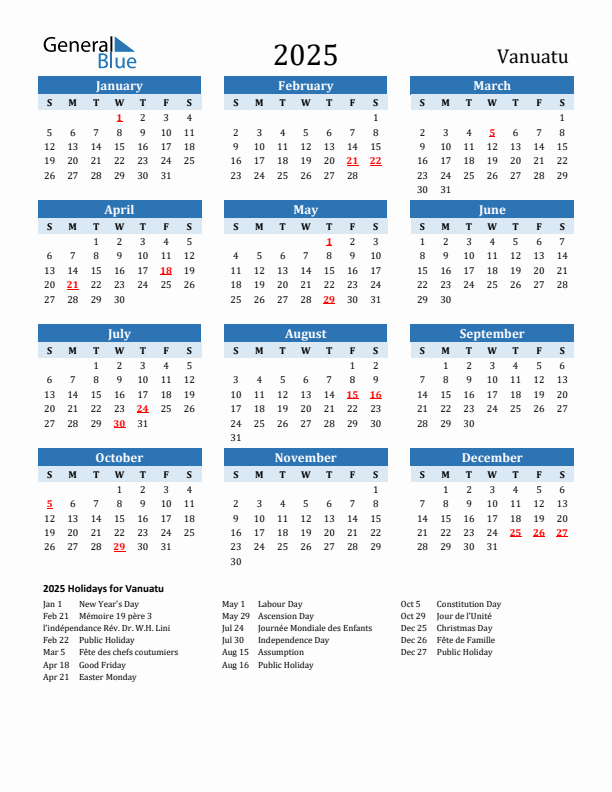 Printable Calendar 2025 with Vanuatu Holidays (Sunday Start)