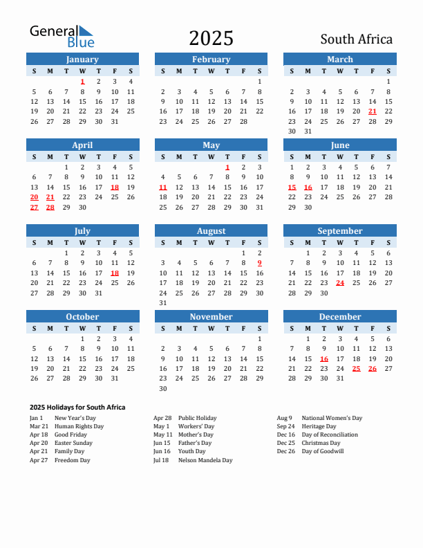 South Africa 2025 Calendar With Holidays