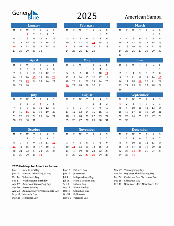 American Samoa 2025 Calendar with Holidays