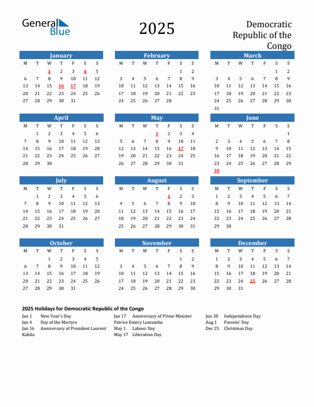 Democratic Republic of the Congo 2025 Calendar with Holidays
