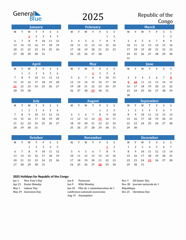 Republic of the Congo 2025 Calendar with Holidays