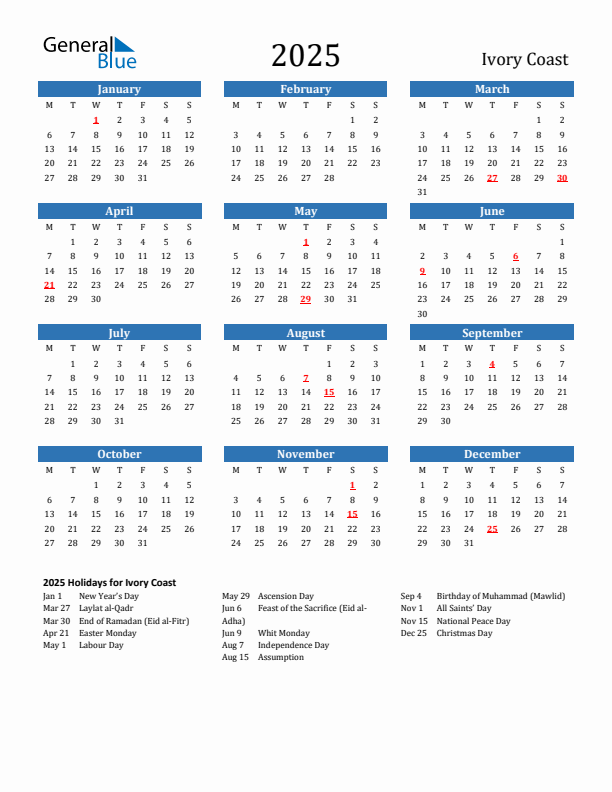 Ivory Coast 2025 Calendar with Holidays