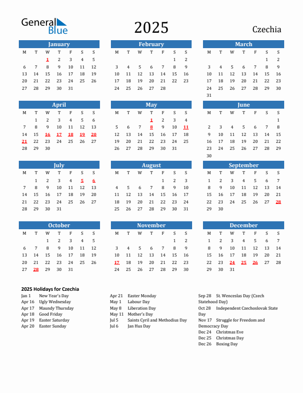 Czechia 2025 Calendar with Holidays