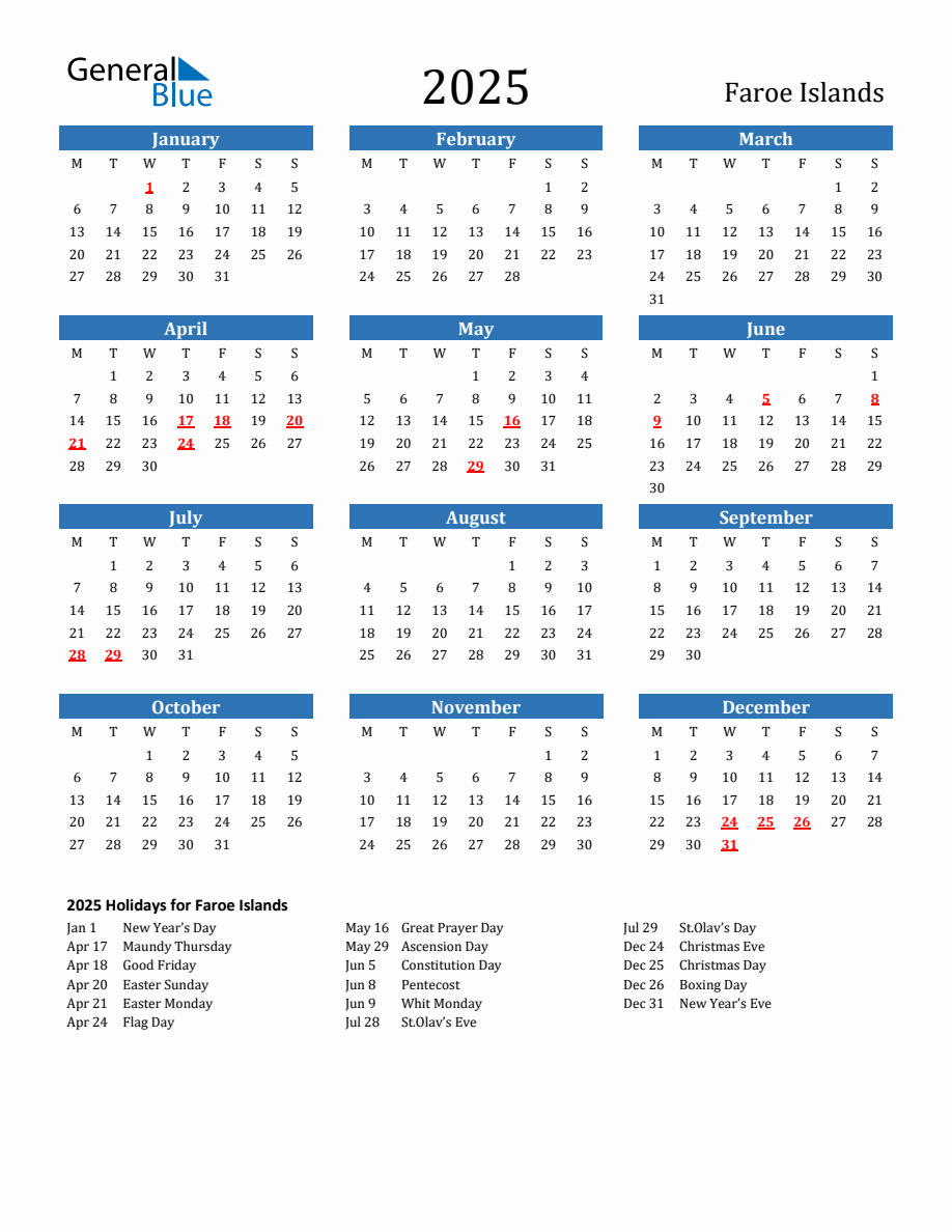 Faroe Islands 2025 Calendar with Holidays - Monday Start
