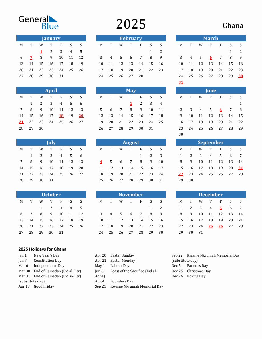 Ghana 2025 Calendar with Holidays - Monday Start