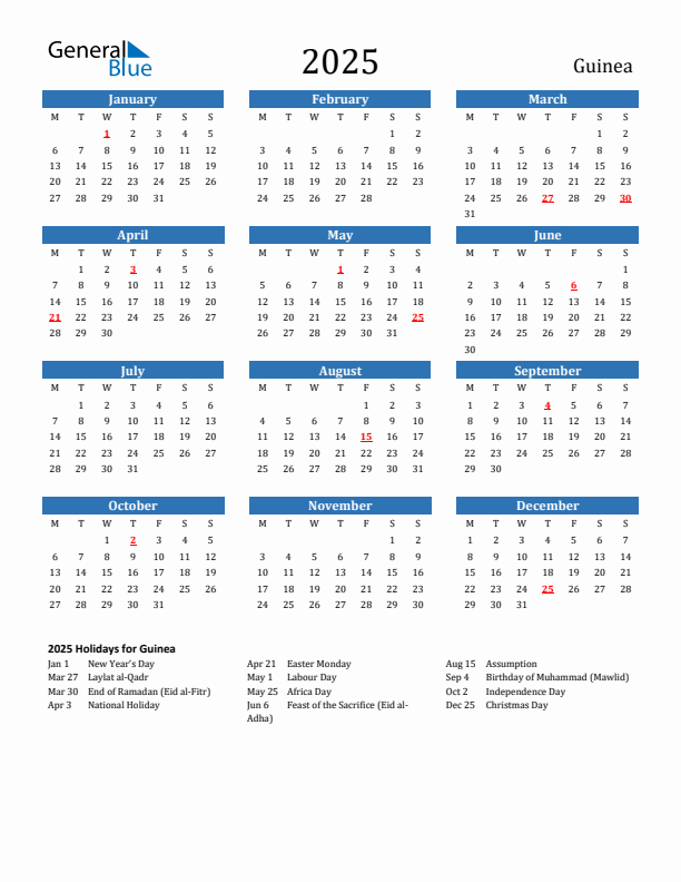 Guinea 2025 Calendar with Holidays