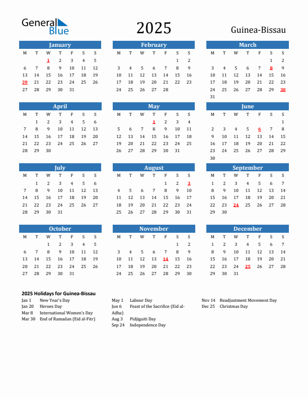 Guinea-Bissau 2025 Calendar with Holidays