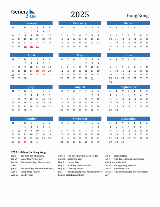 Hong Kong 2025 Calendar with Holidays