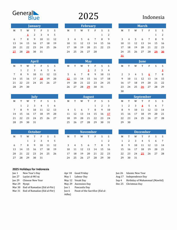 Indonesia 2025 Calendar with Holidays