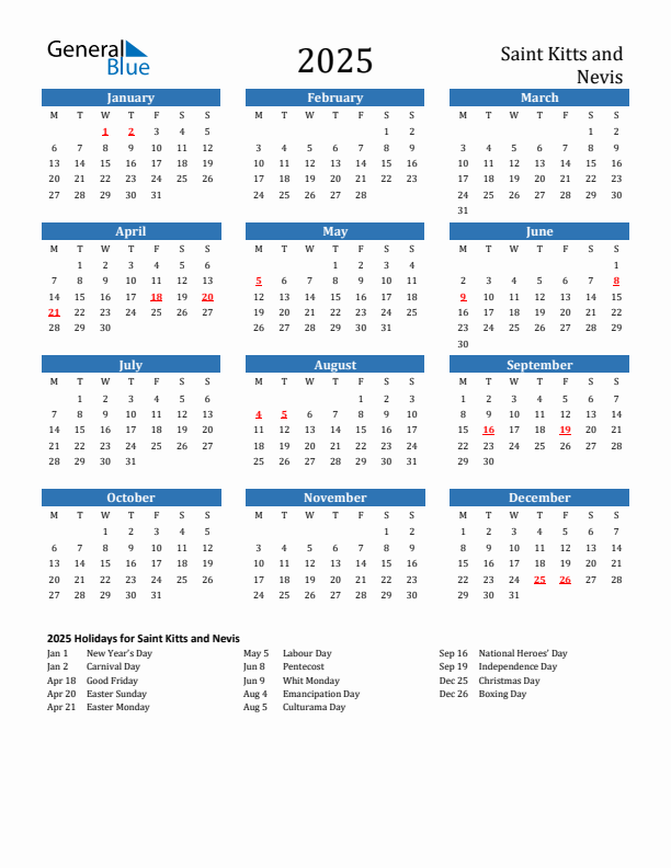 Saint Kitts and Nevis 2025 Calendar with Holidays