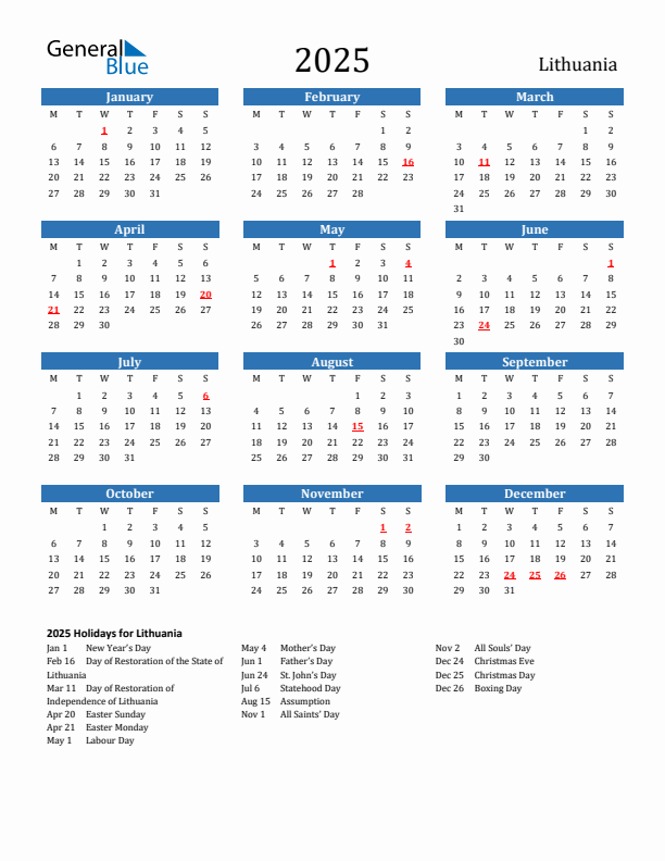Lithuania 2025 Calendar with Holidays