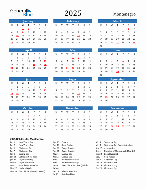 Montenegro 2025 Calendar with Holidays