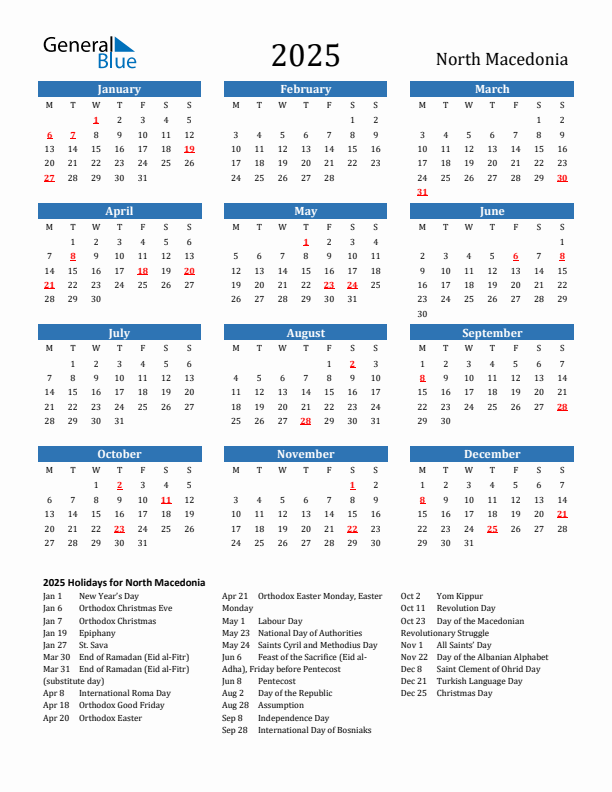 North Macedonia 2025 Calendar with Holidays