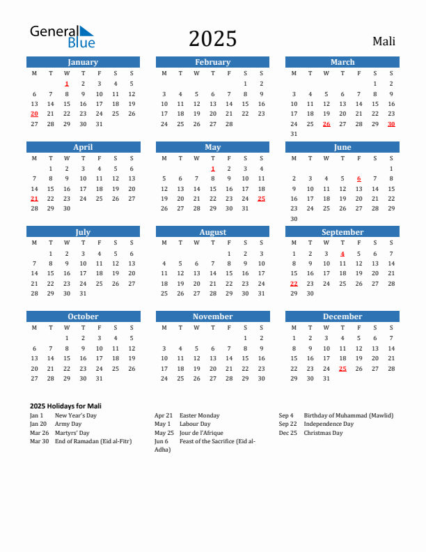 Mali 2025 Calendar with Holidays