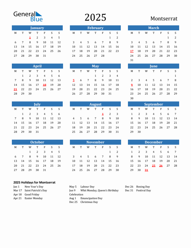 Montserrat 2025 Calendar with Holidays