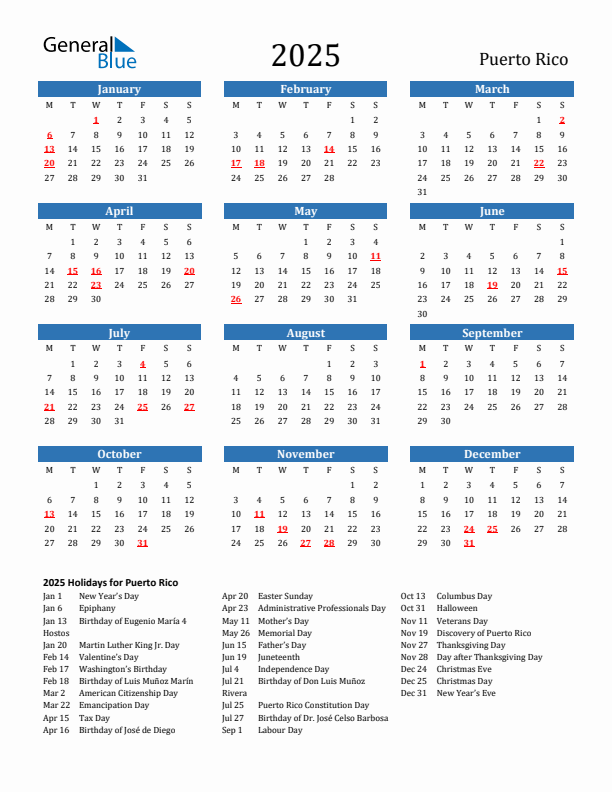 Puerto Rico 2025 Calendar with Holidays
