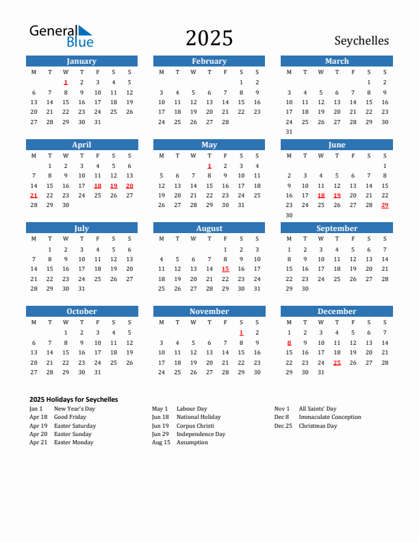 Seychelles 2025 Calendar with Holidays