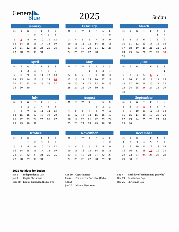 Sudan 2025 Calendar with Holidays