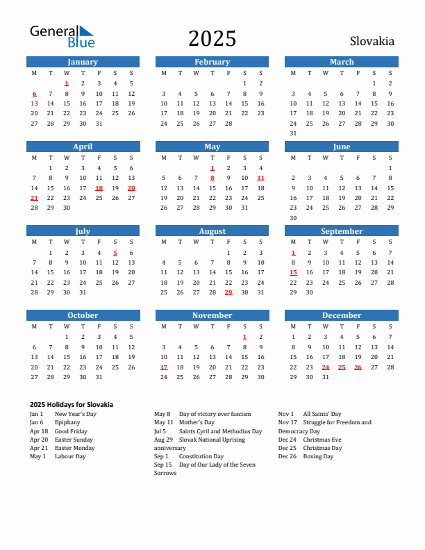 Slovakia 2025 Calendar with Holidays
