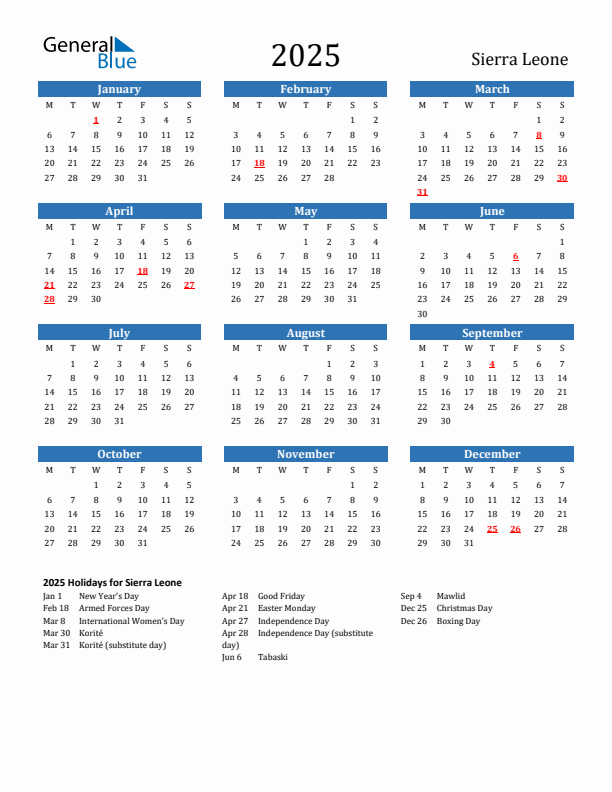Sierra Leone 2025 Calendar with Holidays
